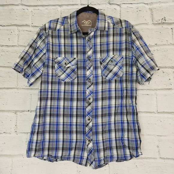 Kavu Plaid Blue Button Down Short Sleeve Shirt 100% Cotton Mens Medium Casual - Picture 1 of 10